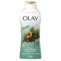 Olay Fireside Fir body wash bottle front shows hydrating cleanse for all skin types