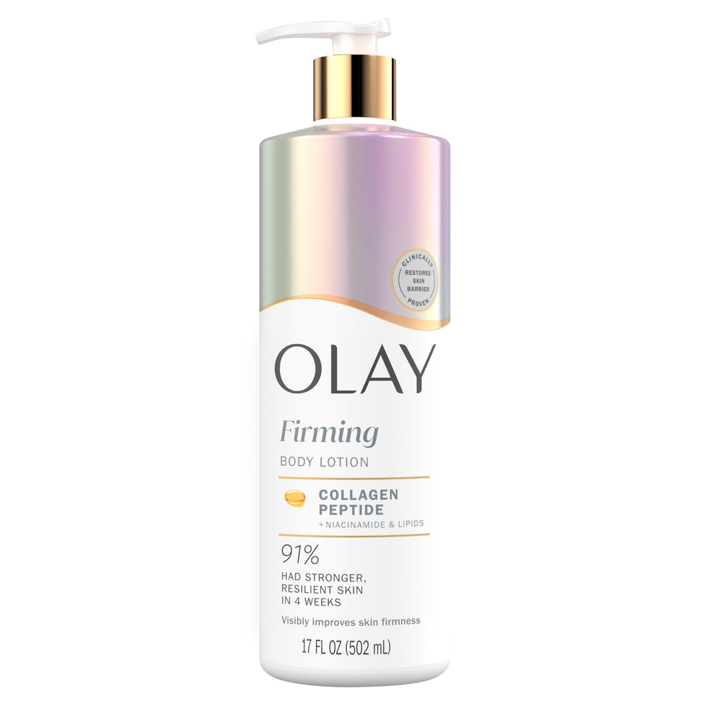 Olay Firming Body Lotion bottle pump delivers easy daily hydration.