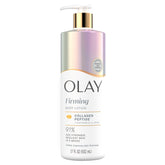 Olay Firming Body Lotion bottle pump delivers easy daily hydration.