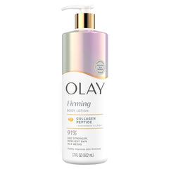 Olay Firming Body Lotion bottle pump delivers easy daily hydration.