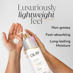 Olay Firming Body Lotion texture close-up highlights lightweight hydration.
