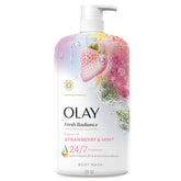 Olay Fresh Radiance Body Wash bottle on shower shelf showing strawberry mint scent for refreshing skin