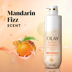 Olay Mandarin Fizz pour action demonstrates easy, quick shower prep.