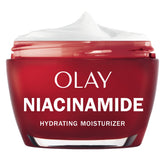 Olay Niacinamide Face Moisturizer bottle closeup shows lightweight hydration for daily use