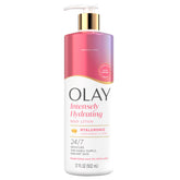 Olay Nourishing Hyaluronic Acid Body Lotion bottle demonstrates deep hydration.