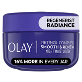Olay Regenerist Radiance Retinol jar front, fragrance-free night moisturizer for smoother, brighter-looking skin.