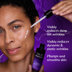 Label close-up showing fragrance-free Olay Regenerist serum formula.