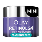 Olay Retinol 24 bottle demonstrates fragrance-free night moisturizer delivering overnight hydration.