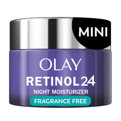 Olay Retinol 24 bottle demonstrates fragrance-free night moisturizer delivering overnight hydration.