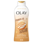 Olay Spoonful of Sugar body wash bottle front shows hydrating winter care