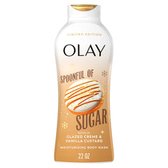 Olay Spoonful of Sugar body wash bottle front shows hydrating winter care