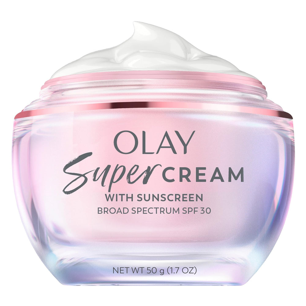 Olay Super Cream SPF 30 bottle close-up showing sleek packaging and sun protection
