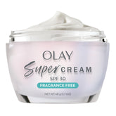 Olay Super Cream SPF 30 bottle front shows fragrance-free hydration