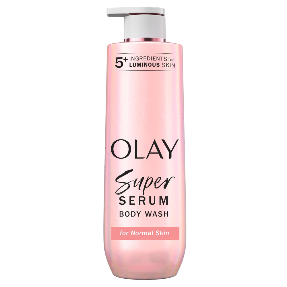 Olay Super Serum Body Wash bottle front shows luminous hydration