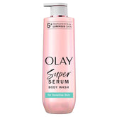 Olay Super Serum Body Wash bottle front designed for sensitive skin with gentle cleansing.