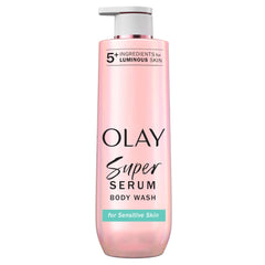Olay Super Serum Body Wash bottle front designed for sensitive skin with gentle cleansing.