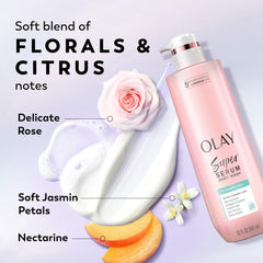 Olay Super Serum Body Wash fragrance close-up with floral-herbal scent.