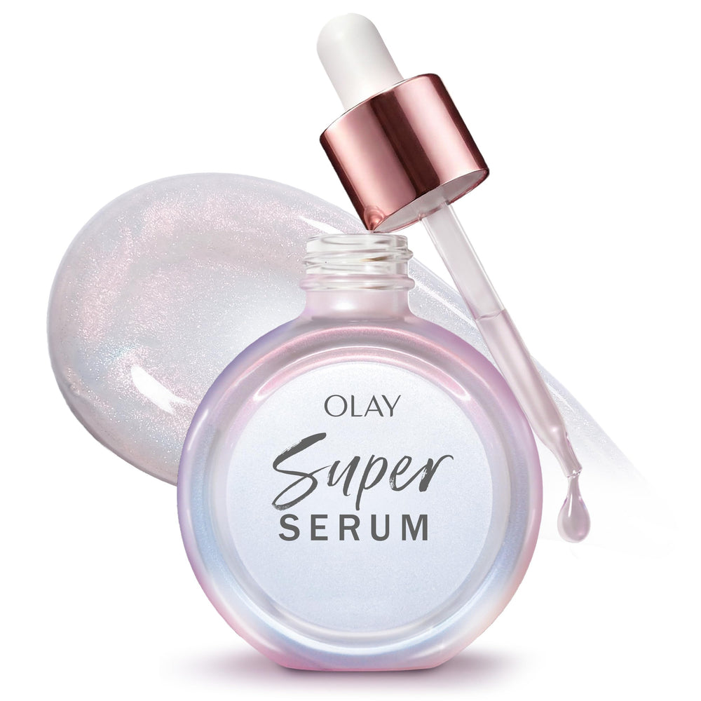 Olay Super Serum glow bottle demonstrates radiant skin with a lightweight feel