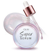 Olay Super Serum glow bottle demonstrates radiant skin with a lightweight feel