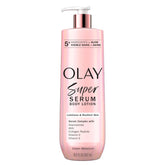Olay Super Serum Hand & Body Lotion bottle shows lasting hydration for dry skin.