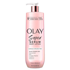 Olay Super Serum Hand & Body Lotion bottle shows lasting hydration for dry skin.