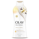 Olay Ultra Moisture Vanilla Creme bottle on a shower shelf for daily hydration