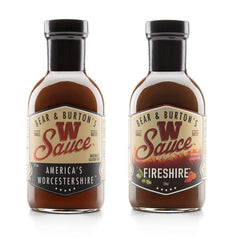 Old Florida Sauce Co. Bear & Burton’s W Sauce bottle poured over steak for flavor.