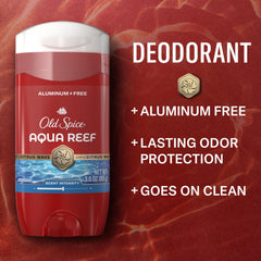 Old Spice Aqua Reef packaging front shows bold scent and aluminum-free formula.