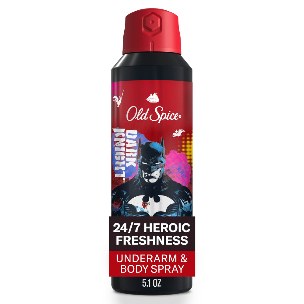 Old Spice Batman dry spray bottle delivering 24/7 freshness for daily wear.