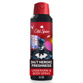 Old Spice Batman dry spray bottle delivering 24/7 freshness for daily wear.