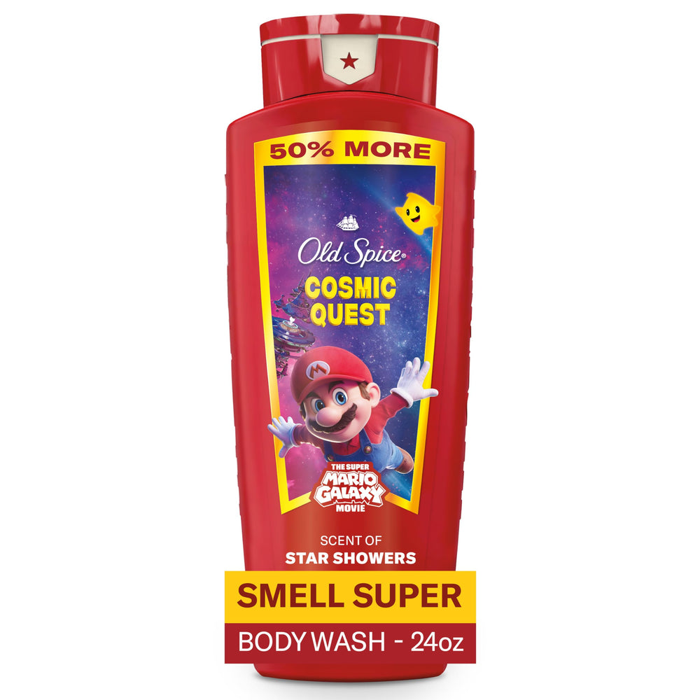 Old Spice Cosmic Quest bottle pouring for daily body and face cleanse.