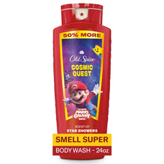 Old Spice Cosmic Quest bottle pouring for daily body and face cleanse.