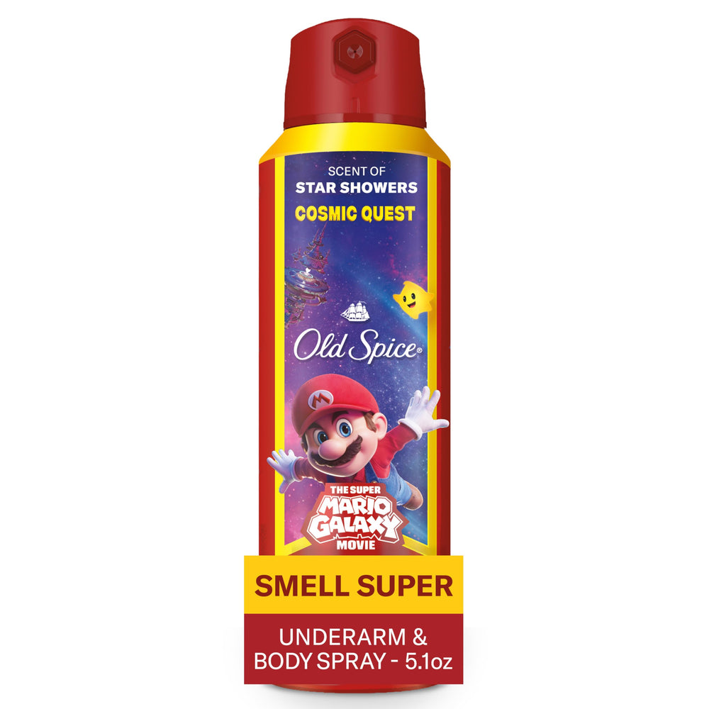 Old Spice Cosmic Quest deodorant spray bottle front for daily freshness.