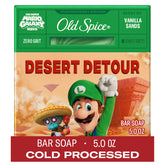 Old Spice Desert Detour bar soap label close-up highlighting Vanilla Sands scent.