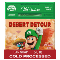 Old Spice Desert Detour bar soap label close-up highlighting Vanilla Sands scent.