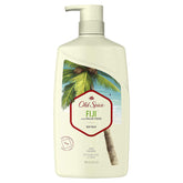 Old Spice Fiji bottle pouring with tropical palm scent, a refreshing start to your day