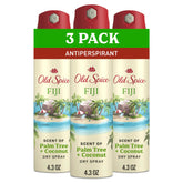 Old Spice Fiji Dry Spray bottle front with palm tree design for lasting freshness.