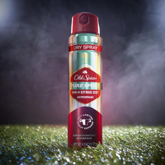 Old Spice invisible dry spray applied underarm with a clear finish.
