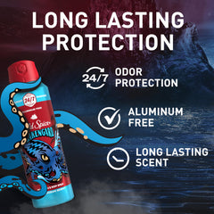 Old Spice Krakengard bottle side highlighting aluminum-free formula for odor control
