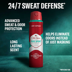 Old Spice Pure Sport spray being dispensed for fast, dry application.