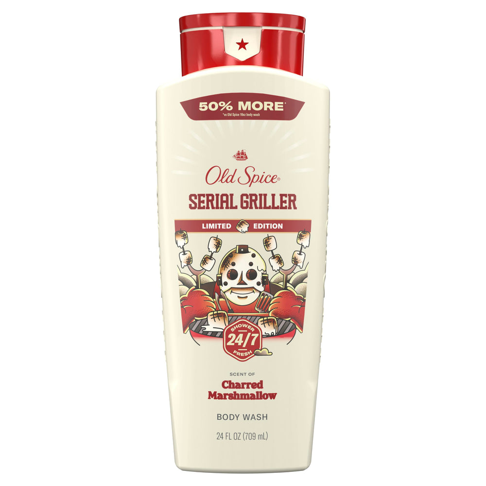 Old Spice Serial Griller bottle pour for quick shower refresh.