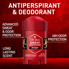 Old Spice Sweat Defense label close-up highlights cedarwood and lime fragrance.