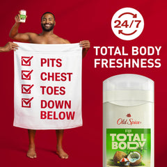 Applying Old Spice Fiji deodorant on underarms and chest for daily freshness.
