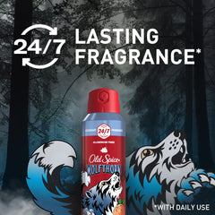 Old Spice Wolfthorn packaging front displays bold branding and odor protection messaging