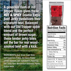 Old Trapper Double Eagle hot spicy jerky bites closeup highlighting lean beef and vibrant heat.