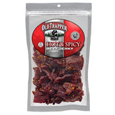 Old Trapper Hot & Spicy beef jerky 8oz pack close-up showing bold heat.