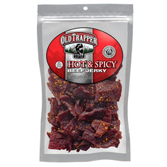 Old Trapper Hot & Spicy beef jerky 8oz pack close-up showing bold heat.