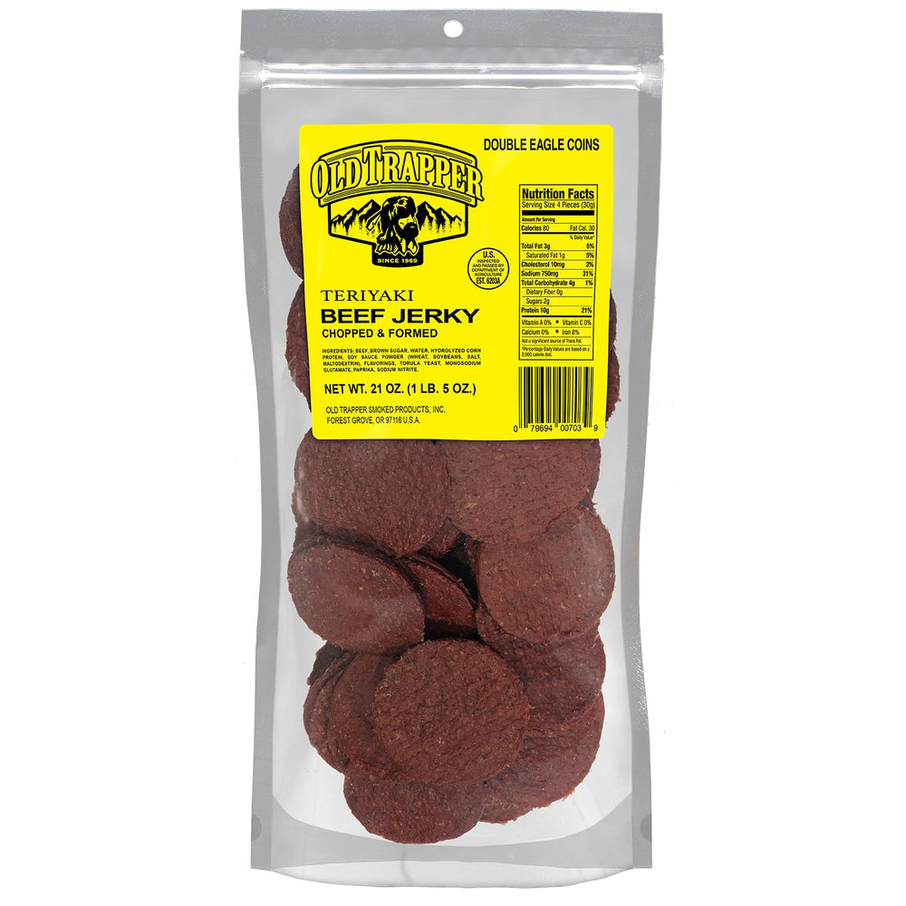 Old Trapper Teriyaki Double Eagle jerky bag showing resealable packaging for freshness.
