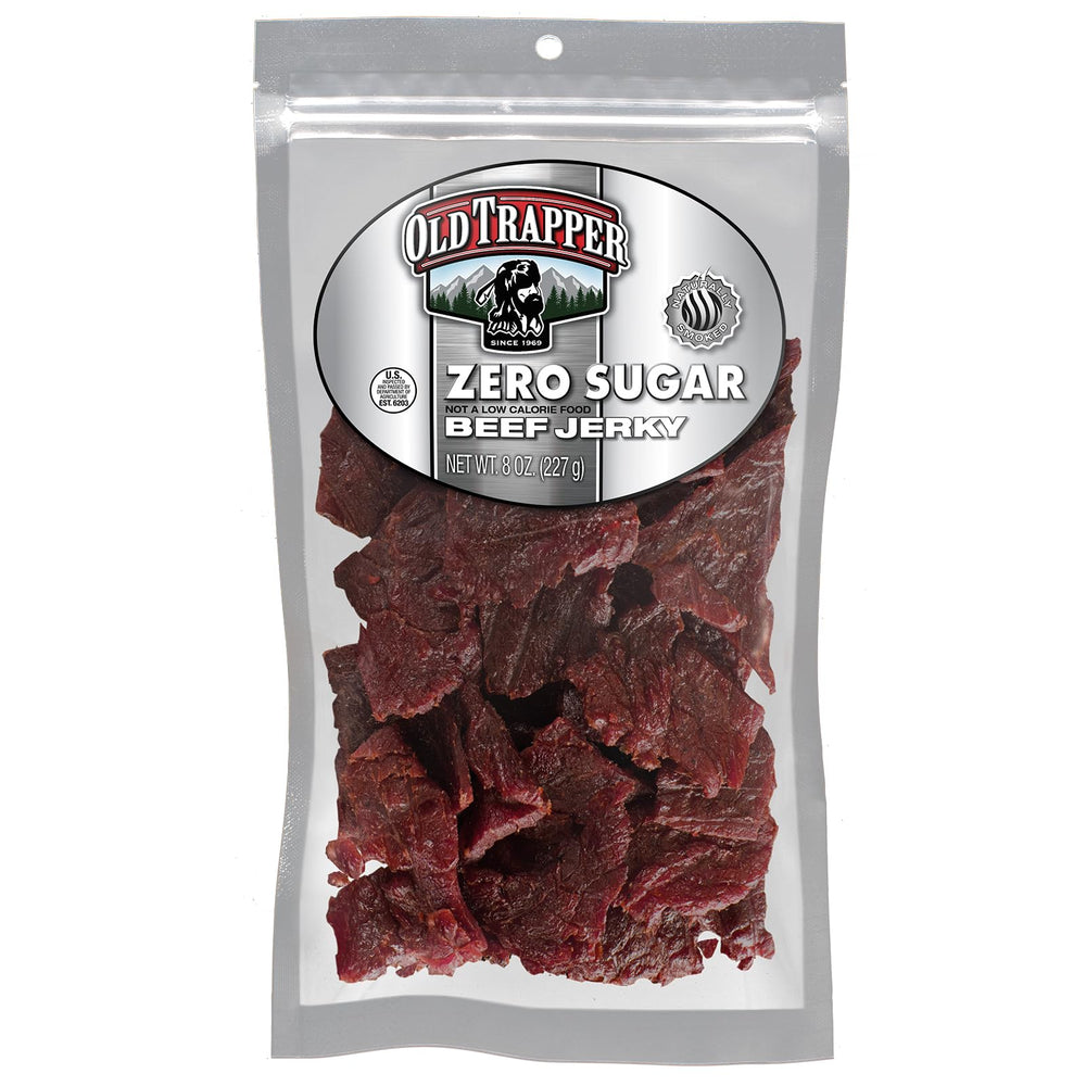 Old Trapper Zero Sugar Beef Jerky eight-ounce pack ready for pantry snacking