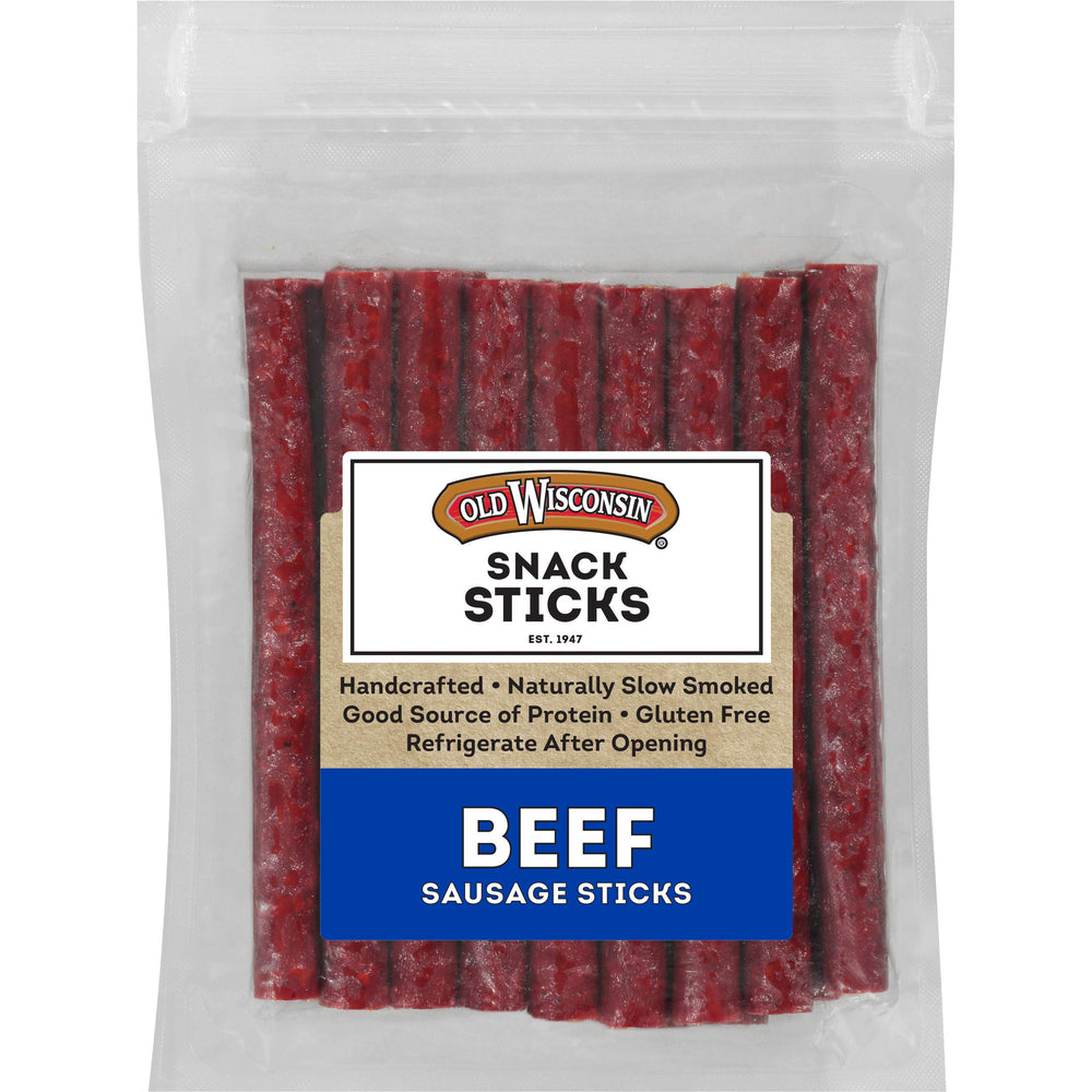 Old Wisconsin beef sausage snack sticks package—ready-to-eat convenience.